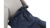 Dog raincoat in dark blue, size L, features waterproof zips, adjustable belly strap, and reflective parts for safety.