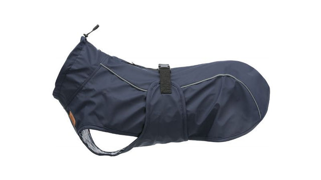 Dark blue dog raincoat for large dogs, featuring waterproof zips, adjustable collar, and reflective parts for safety.