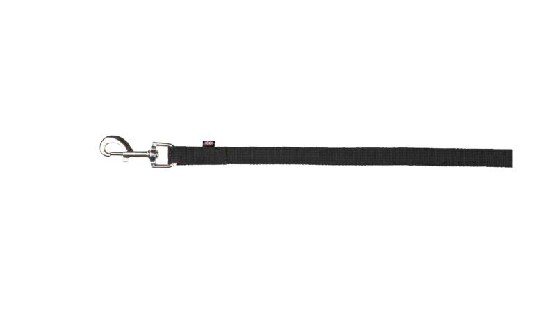 Black tracking dog leash, 15m long and 20mm wide, featuring a padded hand loop for comfort.