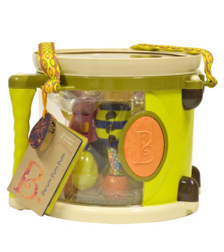 Colorful Parum Pum Pum Instrument Set for toddlers, featuring a drum, maraca, tambourine, and more for musical exploration.