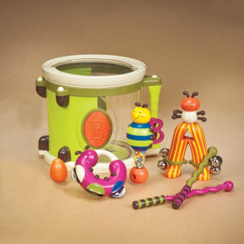 Colorful Parum Pum Pum Instrument Set with 7 toddler-friendly instruments for musical exploration and developmental play.