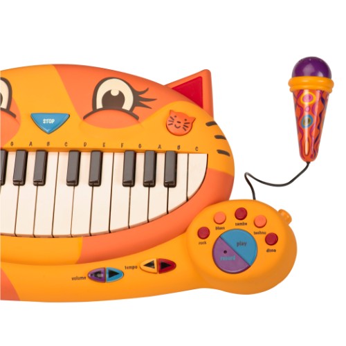 Brightly colored Meowsic Piano for kids, featuring piano sounds, microphone, and recording option to inspire musical creativity.