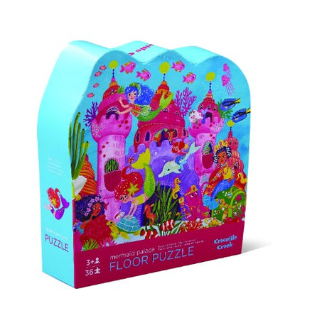 Colorful 36-piece shaped puzzle featuring a whimsical mermaid palace design for young children, promoting creativity and problem-solving.