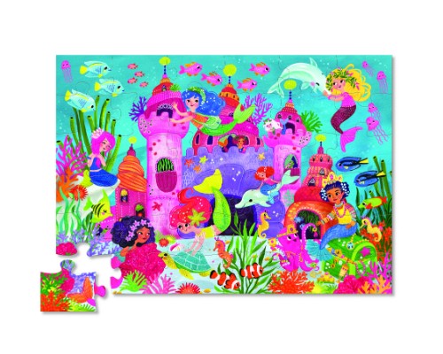 Colorful 36-piece mermaid-themed puzzle in a sturdy shaped box, ideal for imaginative play and cognitive development for ages 3+.