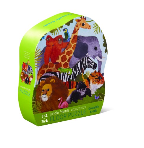 Colorful 36-piece Jungle Friends puzzle in a shaped box, promoting imaginative play and fine motor skills for children aged 3+.