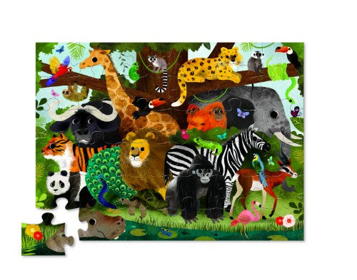 Colorful 36-piece jungle-themed puzzle for kids, featuring cute animal friends; eco-friendly and great for developing motor skills.