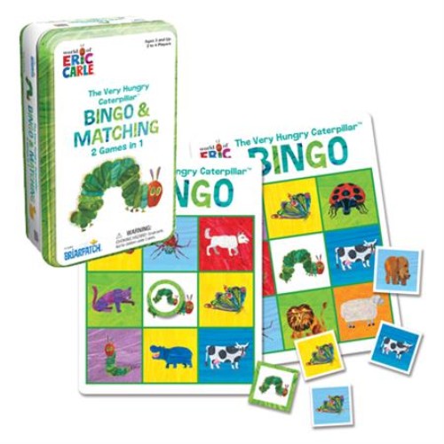 Colorful Eric Carle Bingo & Matching Game in a travel tin, featuring The Very Hungry Caterpillar characters for kids 4+.