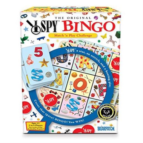 Fast-paced I Spy Bingo game for kids, promoting matching skills and intellectual thinking for ages 3 and up.