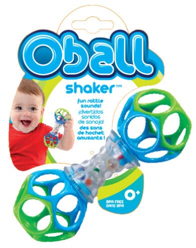 Colorful O Ball shaker toy for babies, designed for shaking, rattling, and teething; easy to clean durable plastic.