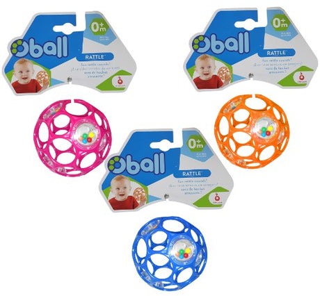 Set of 3 vibrant O Ball 4" rattles with 28 finger holes for easy grasping, built for sensory play and auditory development.