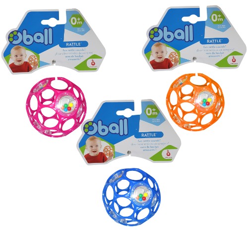 Set of 3 vibrant O Ball 4" rattles with 28 finger holes for easy grasping, built for sensory play and auditory development.