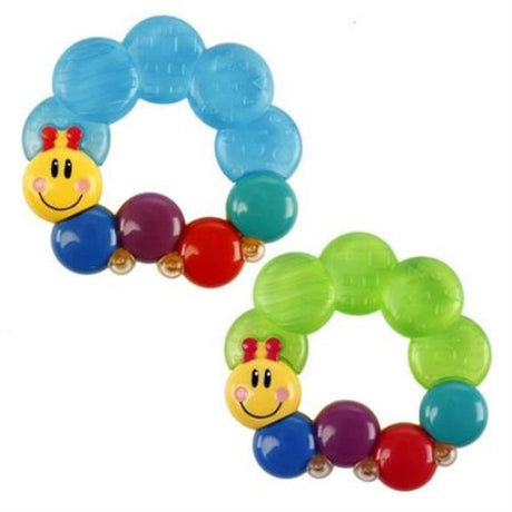 Water-filled Baby Einstein caterpillar teether for soothing sore gums, easy for little hands to grip.