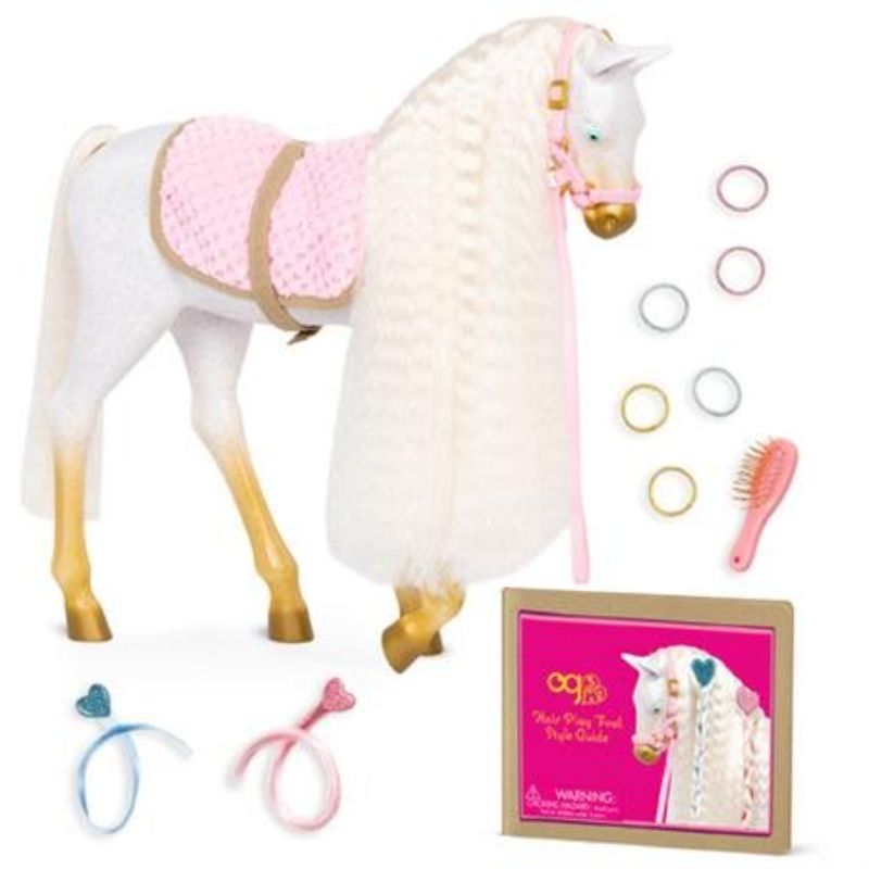 White Andalusian foal with long mane, golden hooves, colorful hair accessories, and a pink saddle for creative styling fun.