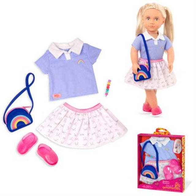 Vibrant doll outfit featuring a light-blue polo, rainbow crest, and graphic skirt with bunny prints, plus a functional rainbow purse.