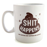 Giant ceramic coffee mug with humorous 'Sh*t Happens' quote, holding 900 ml, microwave and dishwasher safe.