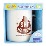 Oversized ceramic coffee mug (900 ml) with humorous 'Sh*t Happens' quote, microwave and dishwasher safe.