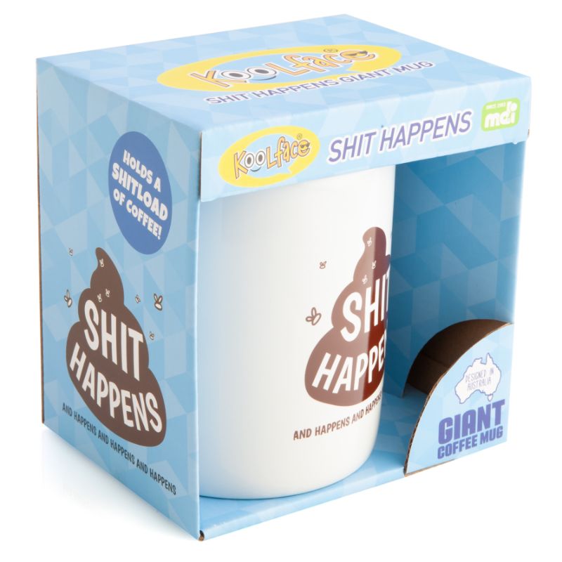 Giant coffee mug by Koolface, featuring 'Sh*t Happens' design, holds 900 ml, microwave and dishwasher safe.