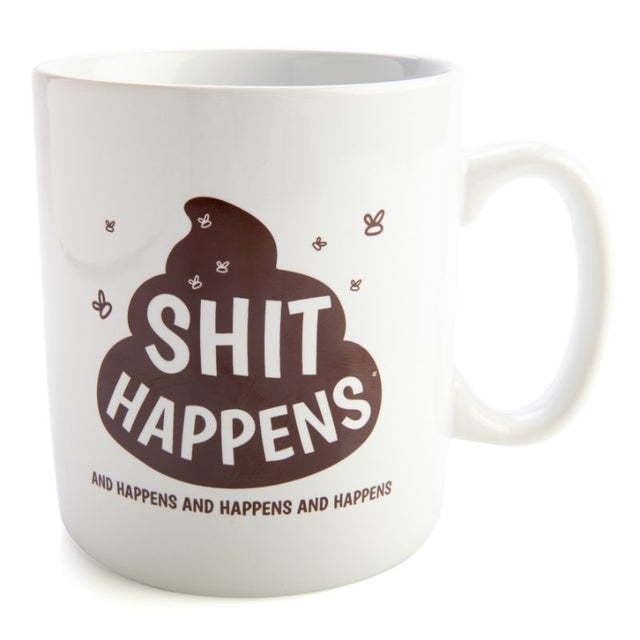 Giant ceramic mug with humorous 'Sh*t Happens' quote, holding 900 ml, microwave and dishwasher safe, measures 12.5 cm high.