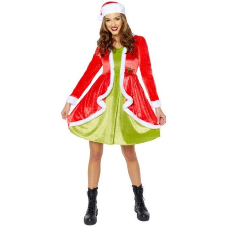 Women's Dr. Seuss Grinch costume, size 8-10, featuring a vibrant green dress and a matching Grinch hat for festive fun.