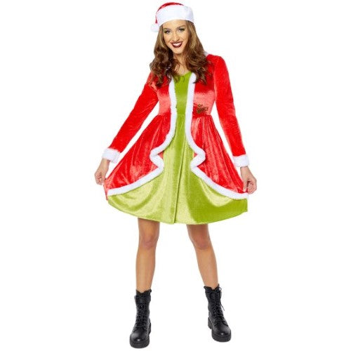 Women's Dr. Seuss Grinch costume, size 8-10, featuring a vibrant green dress and a matching Grinch hat for festive fun.