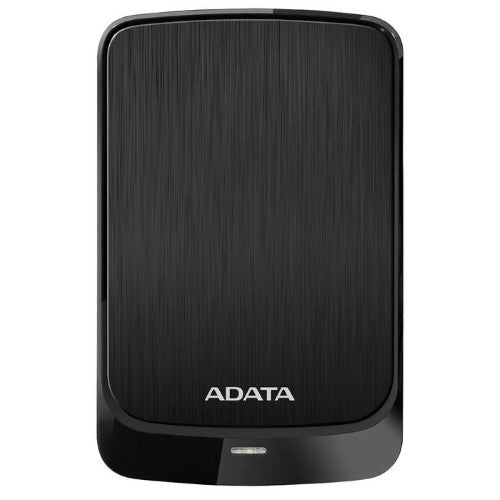 ADATA HV320 1TB USB 3.2 Portable HDD in black, featuring a slim design, shock sensors, and AES 256-bit encryption for secure storage.