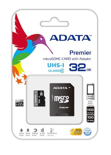 ADATA 32GB Micro SDHC Card Class 10 UHS-1 with SD adapter, ideal for fast data transfer and multimedia storage.