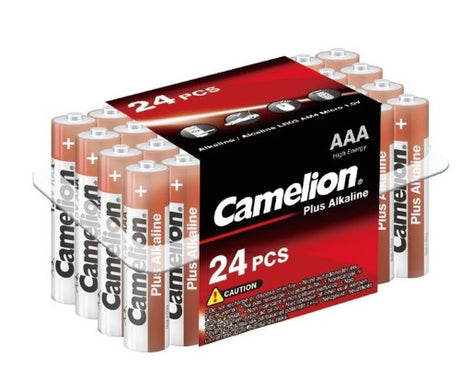 CAMELION PLUS ALKALINE AAA 24PK batteries offer long-lasting power, anti-leakage protection, and a 10-year shelf life.