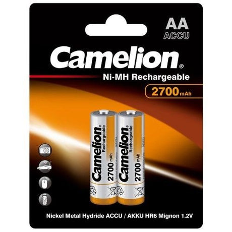 High-capacity CAMELION 2700mAh AA rechargeable batteries designed for high-drain devices with eco-friendly performance.