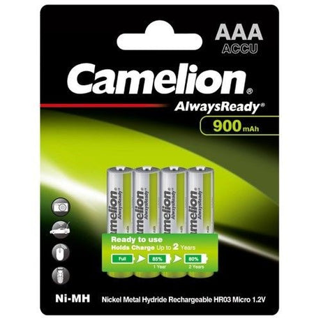 CAMELION ALWAYSREADY 900mAh AAA Rechargeable Batteries, pre-charged, low self-discharge, ideal for various electronic devices.