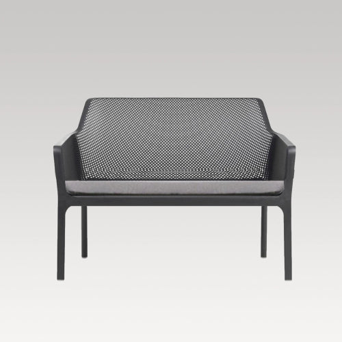 Double outdoor bench with charcoal cushion, featuring stylish curves, diamond pattern, and durable, washable fabric.