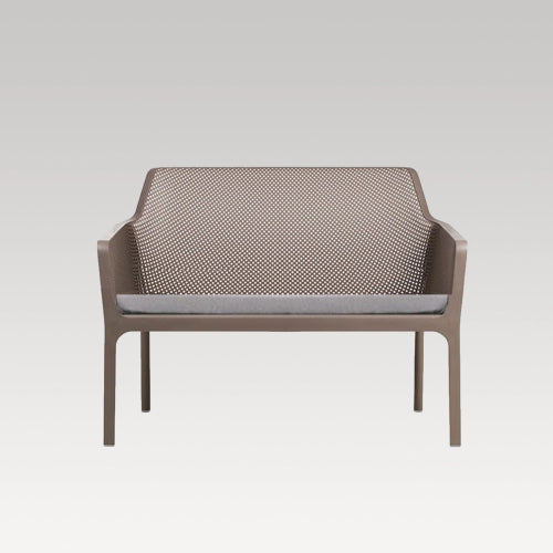 Taupe double outdoor bench with curved design, diamond perforation, and washable cushion, crafted in Italy, stackable and durable.