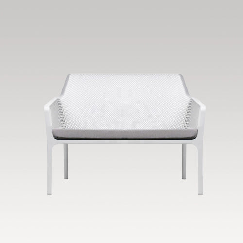 Elegant white double seater bench with cushion, featuring diamond perforation, stackable design, and durable, eco-friendly materials.