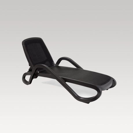 Charcoal Alfa Sun Lounger featuring sturdy, lightweight design, breathable fabric, and UV/weather resistance for outdoor comfort.