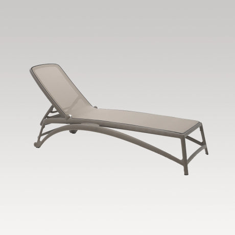 Elegant taupe sun lounger with adjustable backrest, UV resistant, stackable design for outdoor relaxation and comfort.