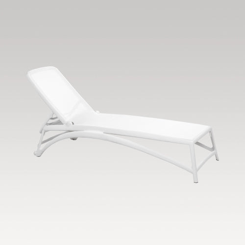 White Atlantico Sun Lounger featuring four adjustable backrest positions, UV protection, and a stackable, eco-friendly design.