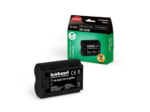 Hahnel HL-W235 lithium-ion battery for Fujifilm cameras, 2250mAh, eco-friendly packaging, ensures long photography sessions.