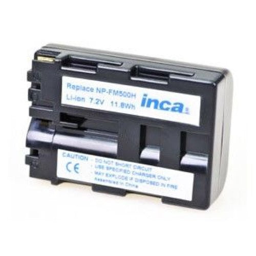 High-capacity INCA Sony NP-FM500H battery, compatible with various Sony cameras for extended shooting sessions.