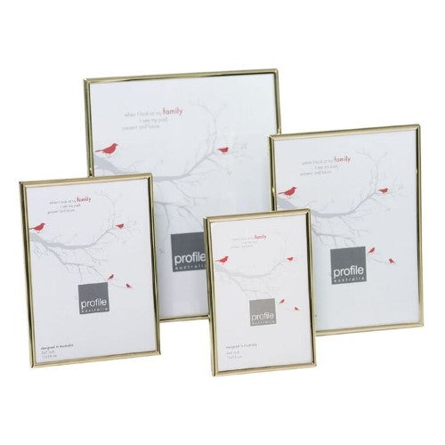 Elegant brass 6x8 photo frame featuring a shiny finish and versatile design for portrait and landscape displays.