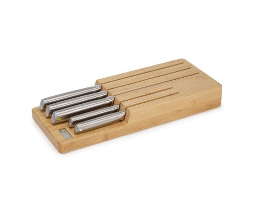 5-piece Joseph Joseph Elevate Steel Knives Set in bamboo tray with stainless-steel blades and weighted handles for hygienic use.