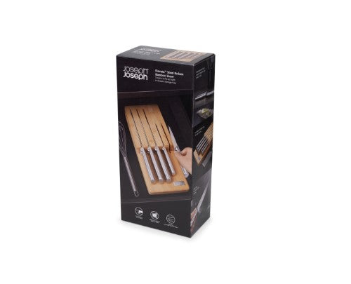 Elevate Steel Knives 5 Piece Set with Japanese blades, weighted handles, and bamboo storage for an organized kitchen.