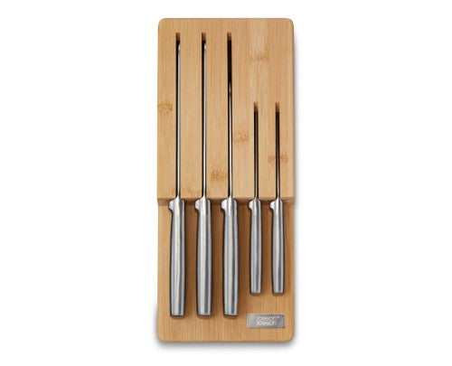 Elevate Steel Knives 5-Piece Set with bamboo storage, featuring Japanese stainless-steel blades and weighted handles for hygiene.