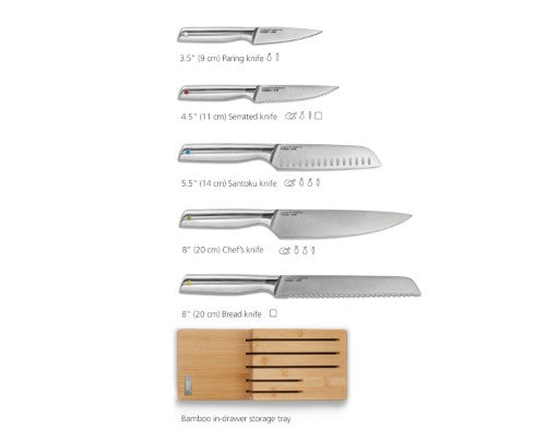 5-piece knife set with Japanese stainless-steel blades, bamboo storage tray, and weighted handles for hygiene and style.