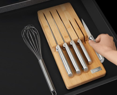 Elevate Steel Knives 5 Piece Set featuring Japanese stainless-steel blades and bamboo storage for stylish, hygienic organization.