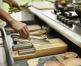 Elevate Steel Knives Set by Joseph Joseph features five Japanese stainless-steel knives in a stylish bamboo in-drawer tray.