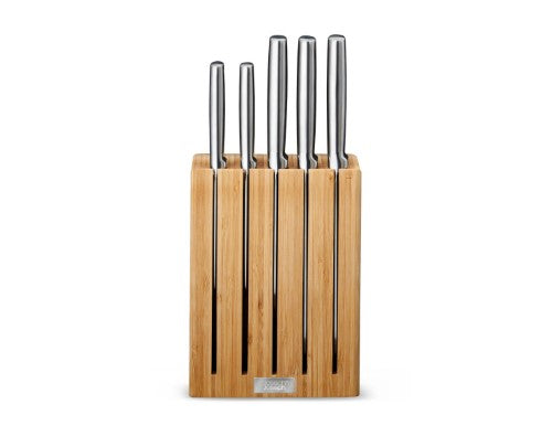 Five-piece knife set with bamboo block, featuring Japanese stainless-steel blades and ergonomic handles for optimal cooking.