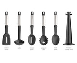 Elevate Silicone/Steel Carousel Set featuring 5 heat-resistant utensils and a rotating stand for organized, mess-free cooking.