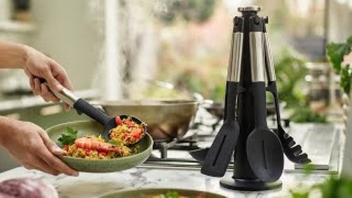 Elevate Silicone/Steel Carousel Set: 5 kitchen tools with heat-resistant heads, weighted handles, and a rotating storage stand.