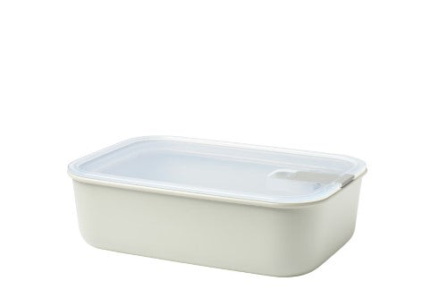 Easyclip Storage 1500ml Nordic White box with transparent lid, airtight seal, and steam vent for convenient food storage.