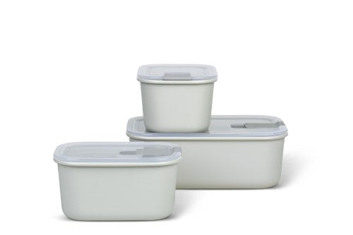 Easyclip 3-Piece Set in Nordic White, featuring airtight seals, microwave steam vent, and stackable design for efficient storage.