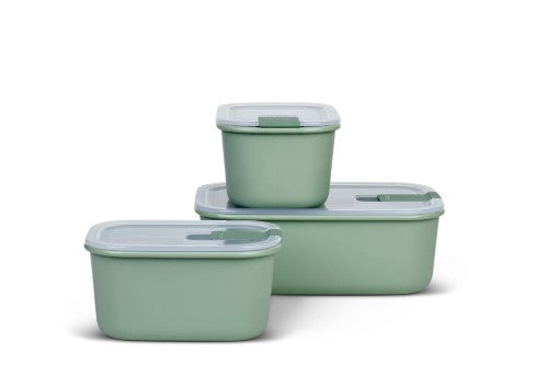 Easyclip 3 Piece Set in Nordic Sage, featuring airtight locking, steam vent lid, and stackable design for efficient food storage.